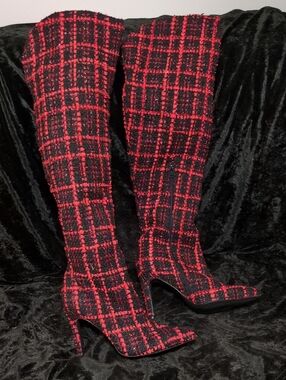 Rumbidzo Red & Black Plaid Over-the-Knee Stiletto Boots - Women